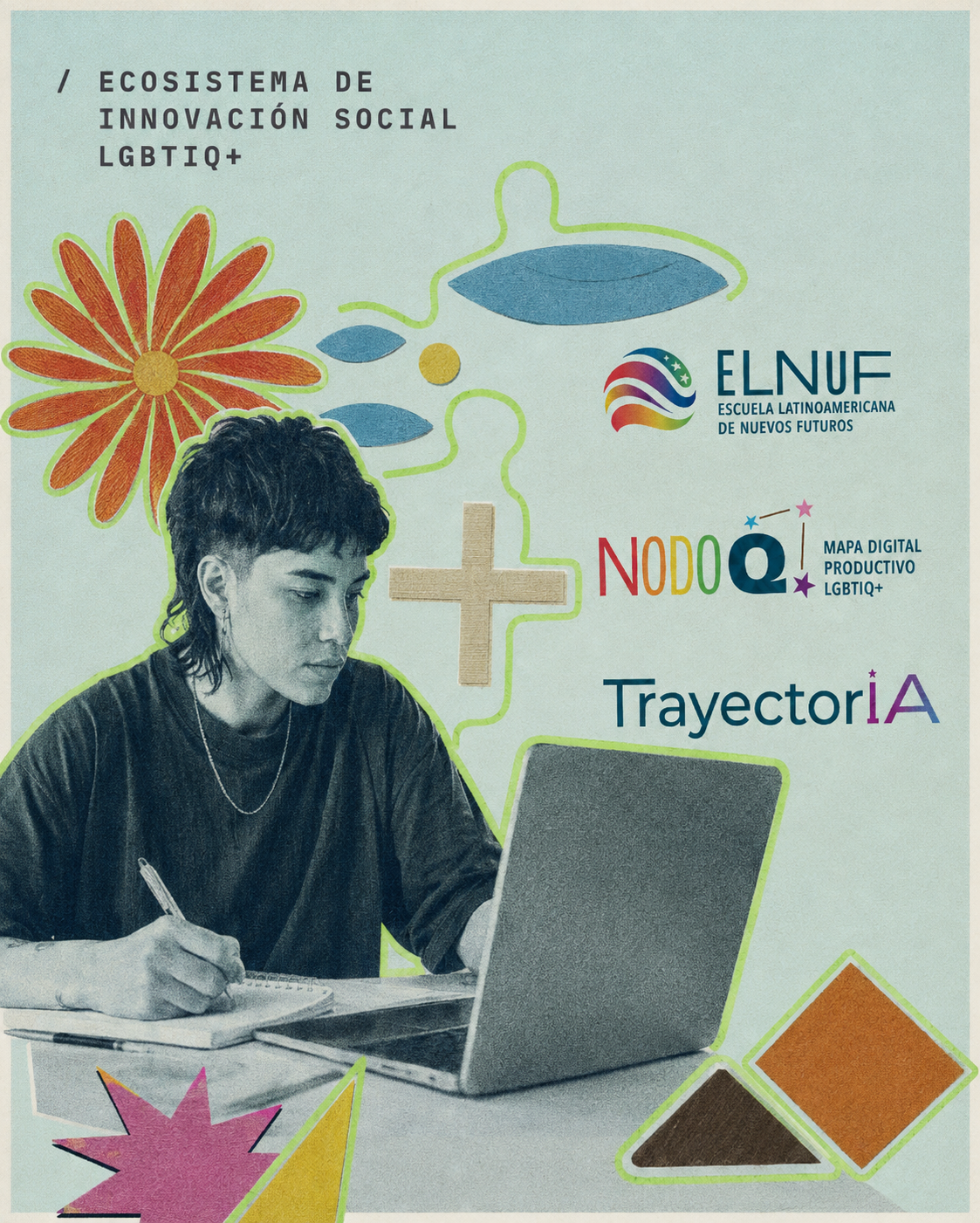Collage del ecosistema de innovación social LGBTIQ+ con persona trabajando en laptop y formas orgánicas.