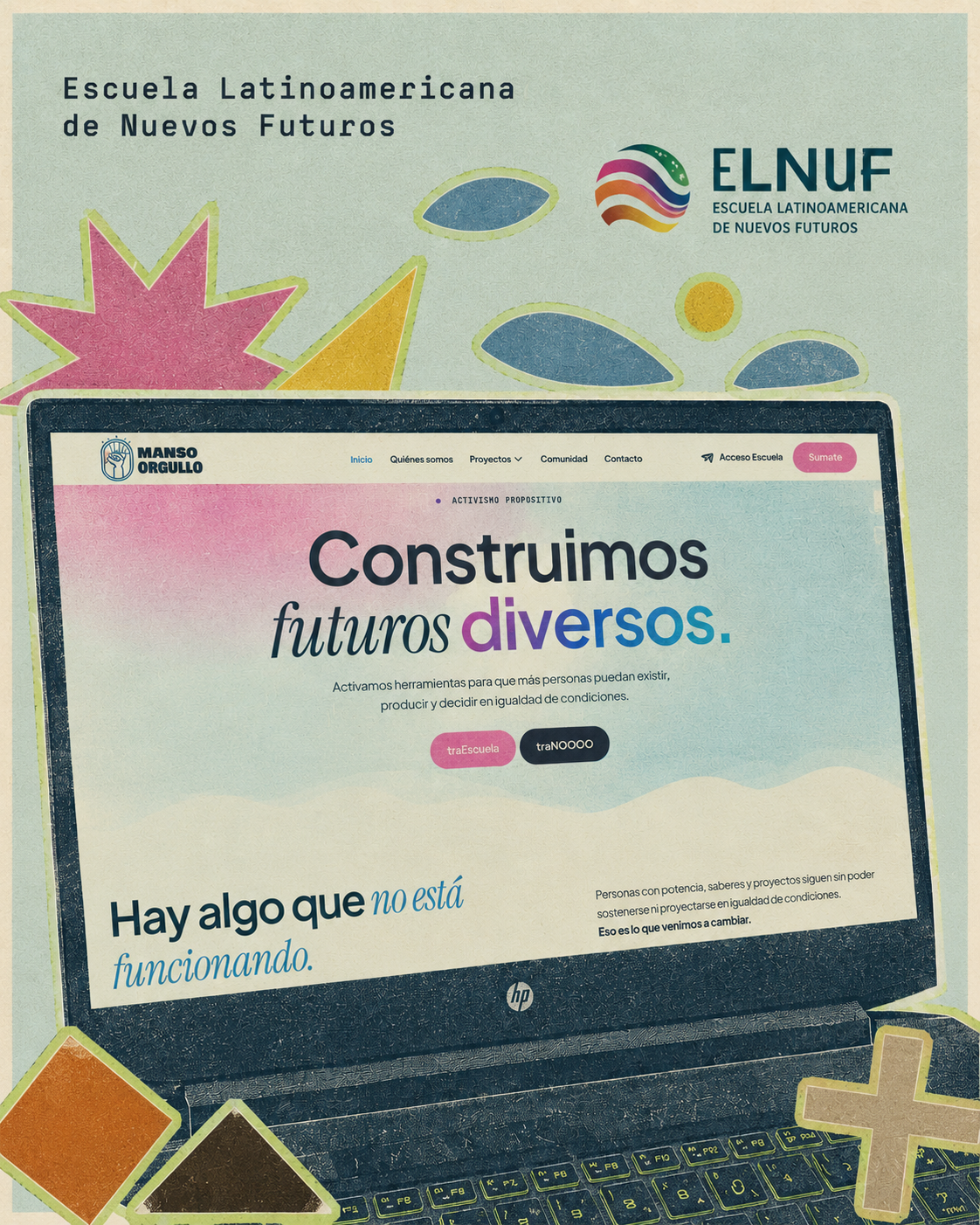 Collage de la Escuela Latinoamericana de Nuevos Futuros con laptop y formas geométricas.